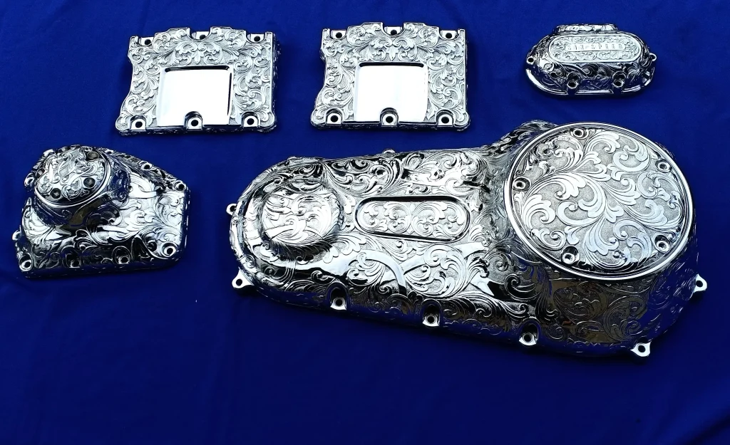crafted motorbike parts with chrome plating
